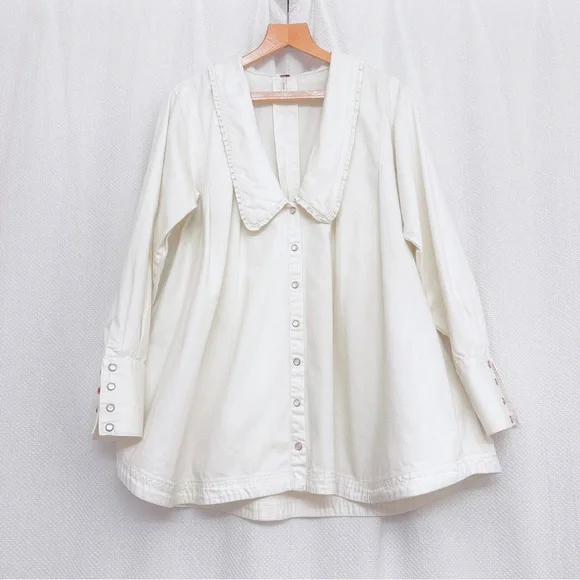Free People Cotton Cream Denim Dress with pearl snap Detail oversized jacket. - Picture 2 of 12